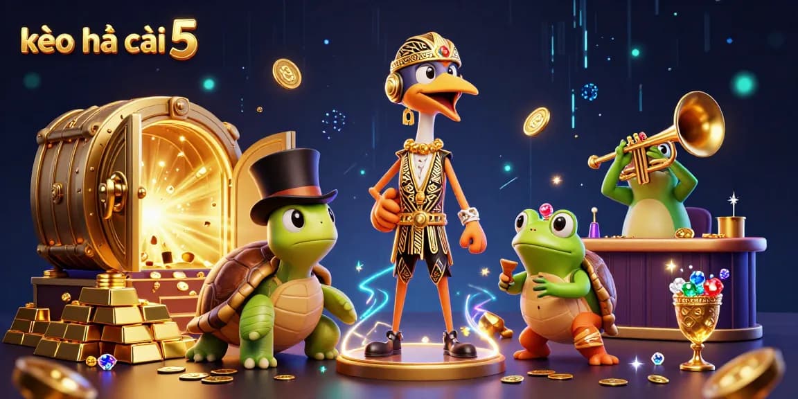 Experience the excitement of kèo nhà cái 5 with vibrant characters and dazzling treasure in a dynamic casino scene.