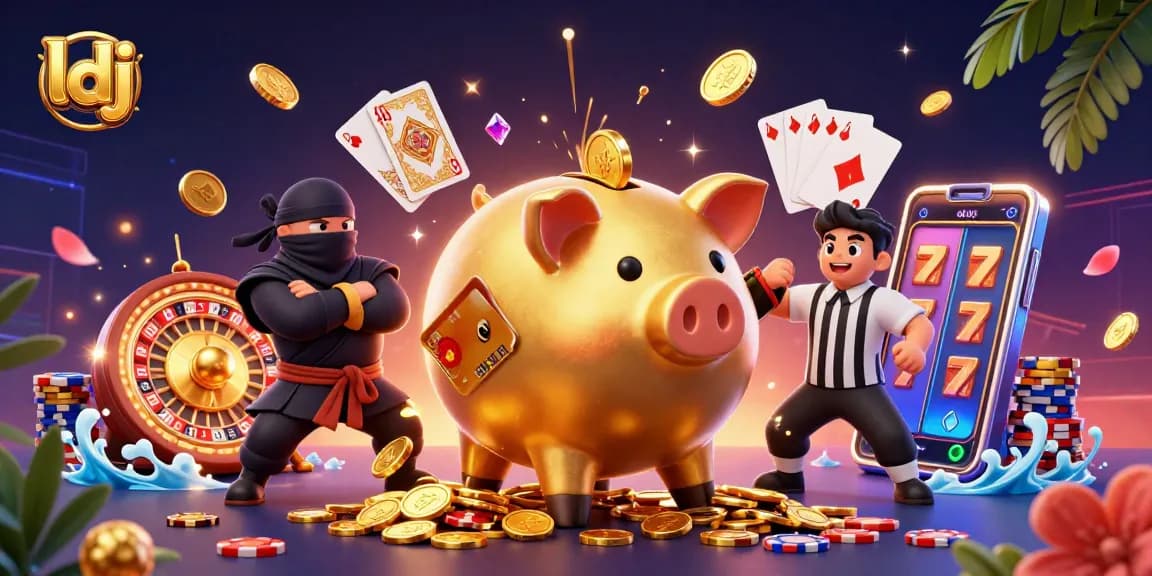 ldj online casino features a sumo piggy bank shaking coins, surrounded by gambling elements.