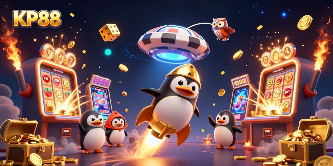 Experience gaming excitement at KP88 with a dynamic scene featuring winning jackpots and vibrant casino elements.
