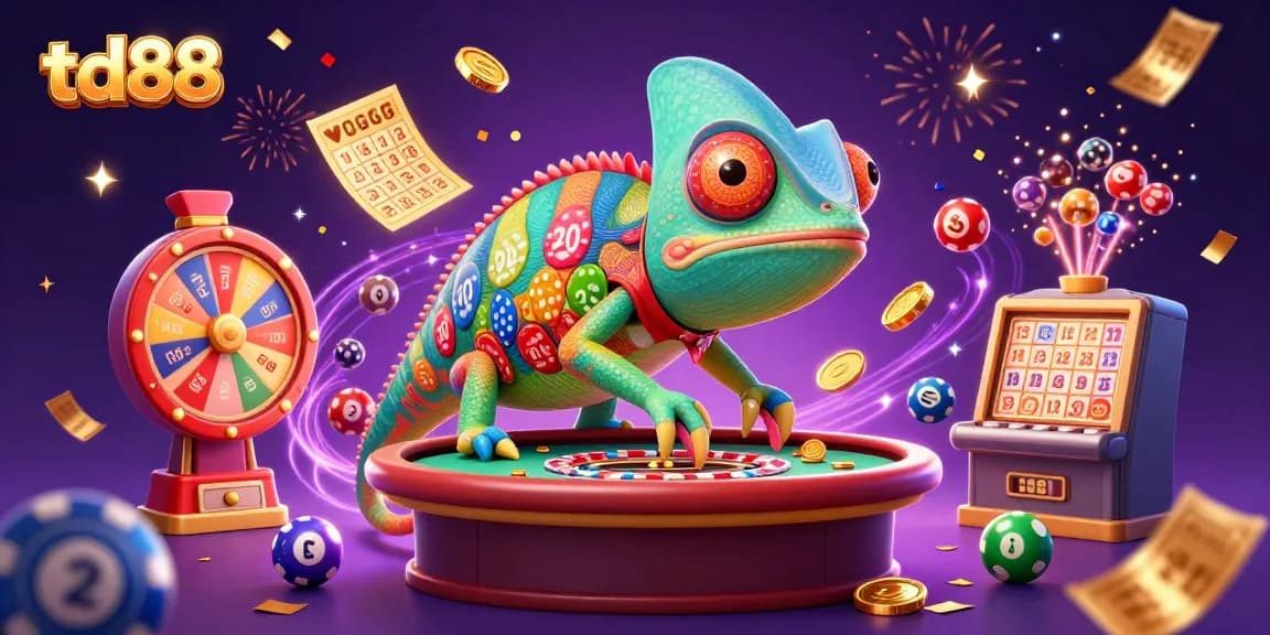 Experience the vibrant casino atmosphere at td88, with chameleon owner surrounded by colorful games.