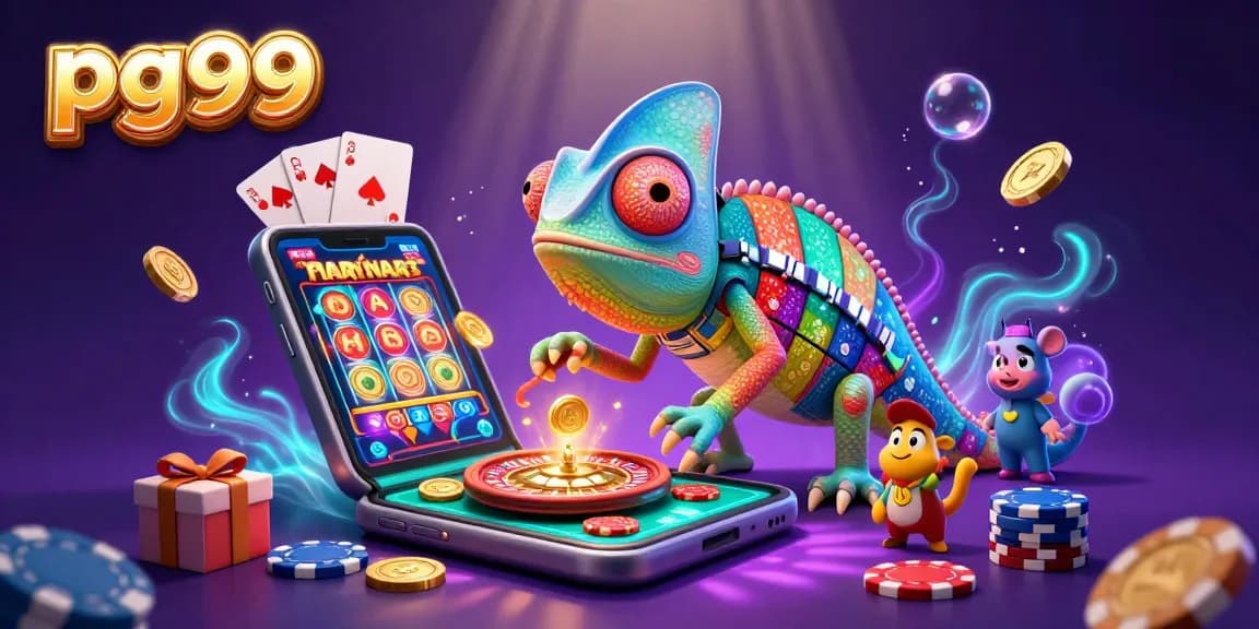 pg99 chameleon casino owner catching golden coins while showcasing dynamic gambling elements