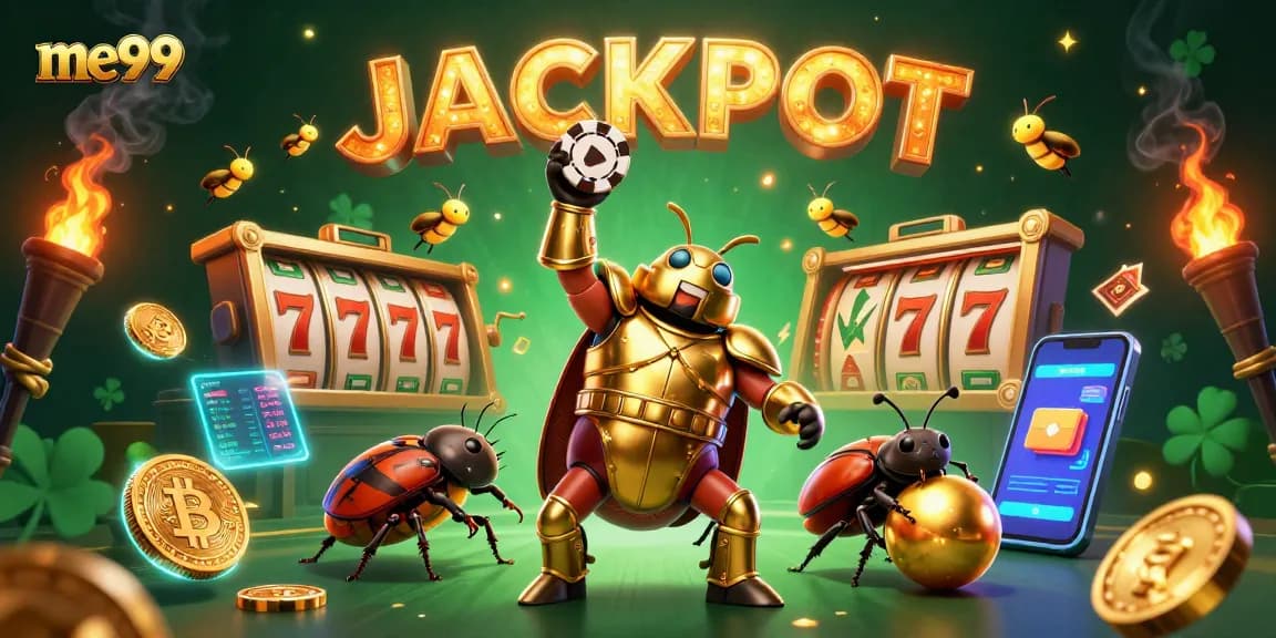 Experience the excitement at me99 casino with a victorious beetle championing jackpots amidst vibrant gaming elements.