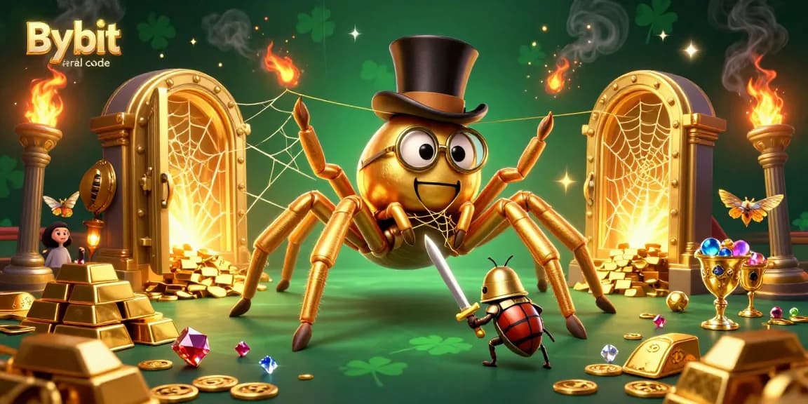 Engage with the thrilling Bybit referral code scene featuring a golden tarantula and beetle knight amidst casino treasures.