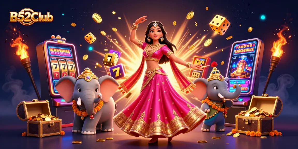 B52Club engages players with vibrant casino games, slot machines, and rich decorations in a stunning 3D illustration.
