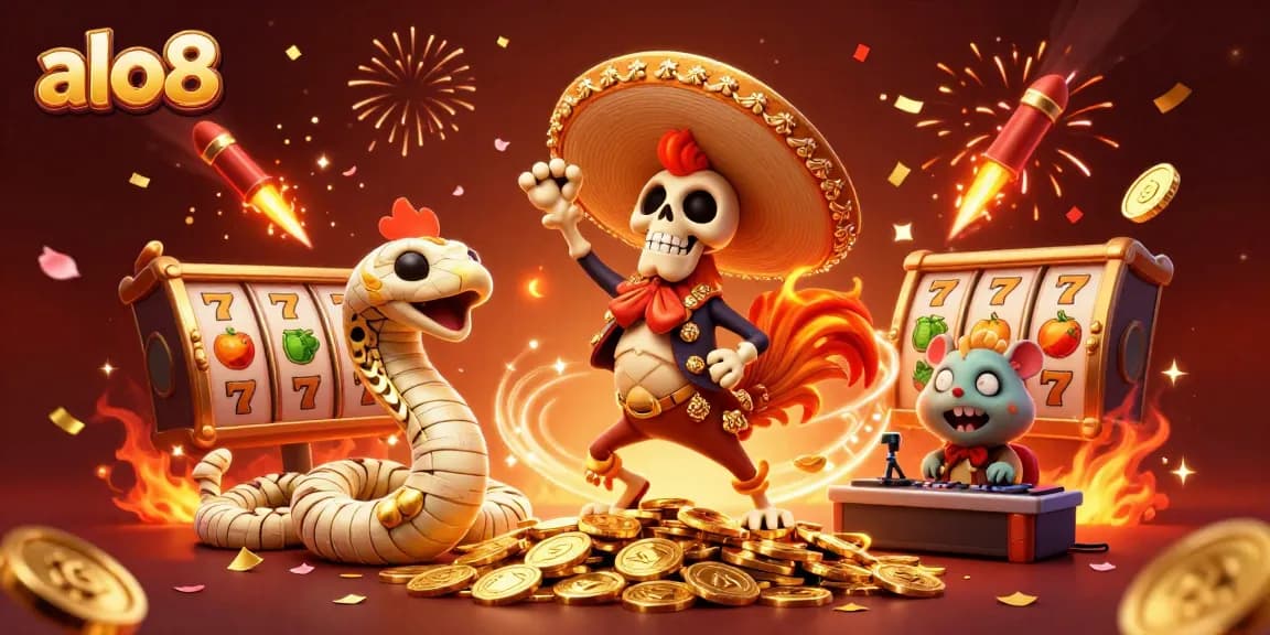 Celebrate wins at alo8 with a vivid 3D scene of gambling characters and slot elements.