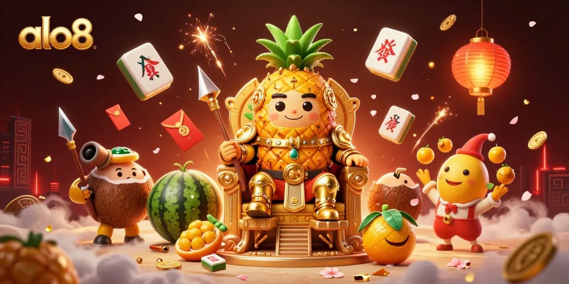 Experience the fun of alo8 with vibrant gaming elements surrounding a golden pineapple king in a beach casino scene.