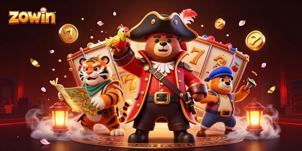 Zowin jackpots await in this vibrant casino scene with pirate bear and tiger amidst rich gaming elements.