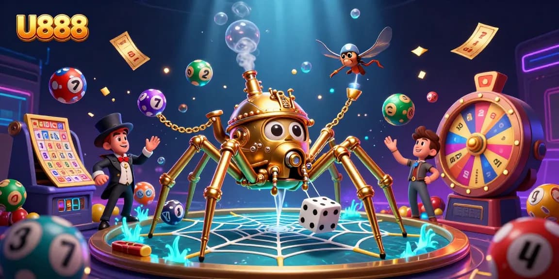 Engage in U888's thrilling gameplay featuring a steampunk spider and vibrant lottery elements.