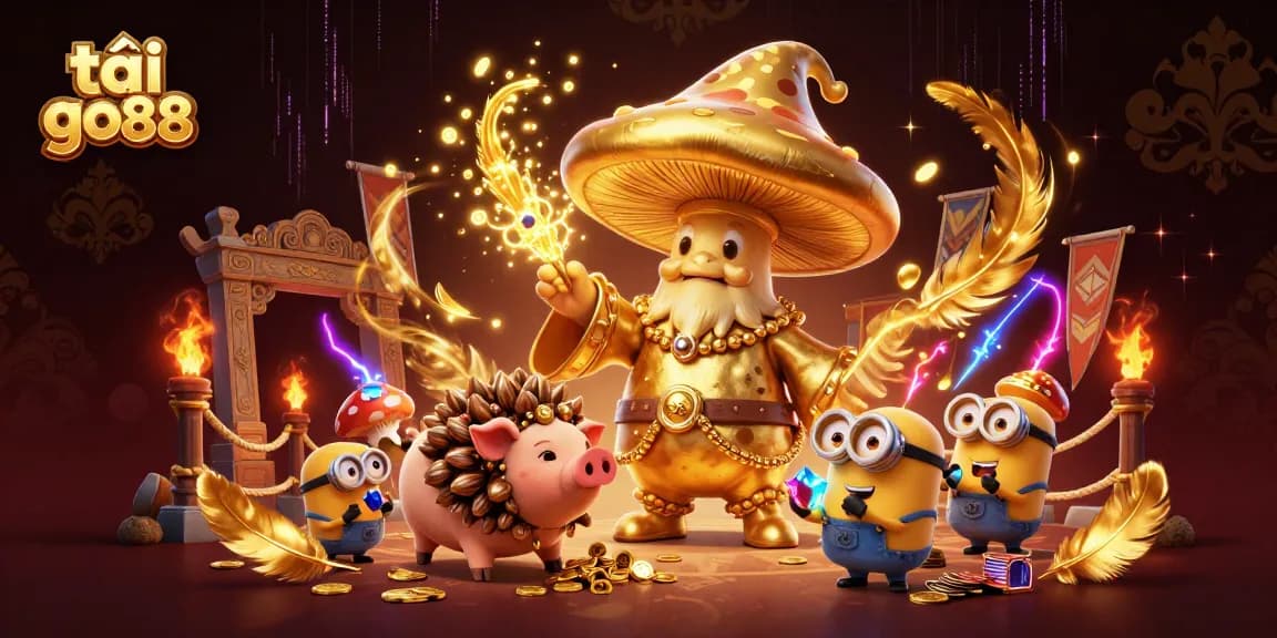 Play to赢 at tải go88 with a vibrant 3D representation of a magical mushroom wizard featuring treasures that entice players at online casinos.