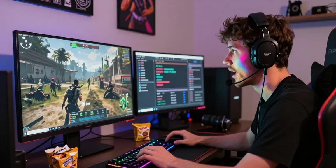 Intense gaming session showcasing PROOFCORE.IO player in action with high-resolution monitors and snacks at the desk.