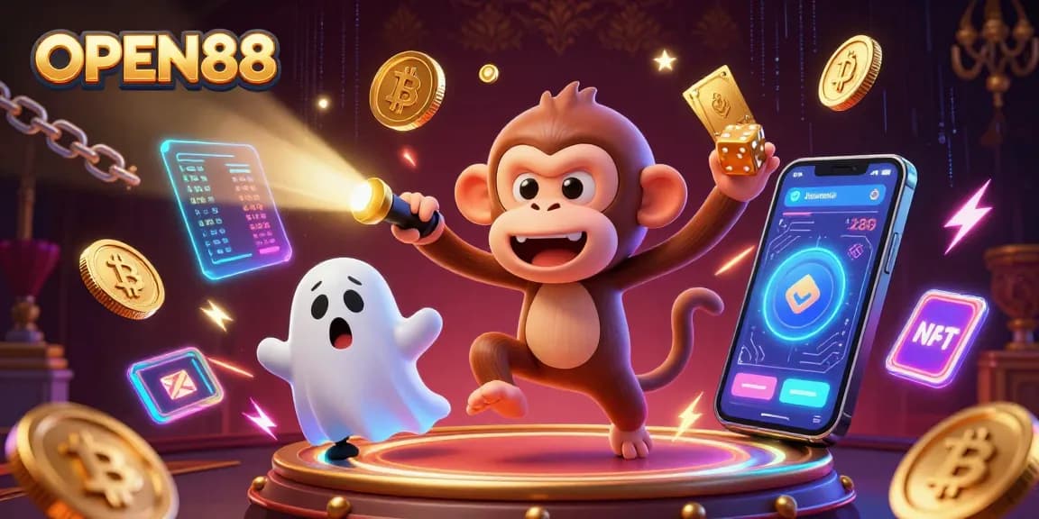 Experience thrilling games at OPEN88 with a playful poltergeist monkey and a curious puppy in a haunted casino.
