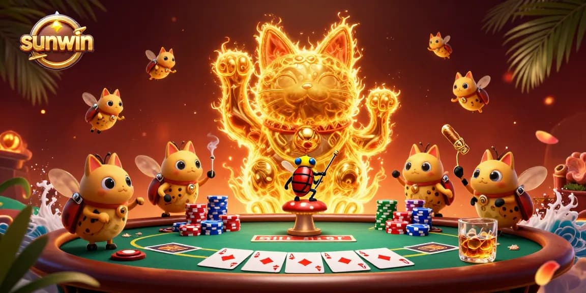 Experience thrilling action with sunwin in a vibrant casino scene featuring a lucky cat and poker elements.