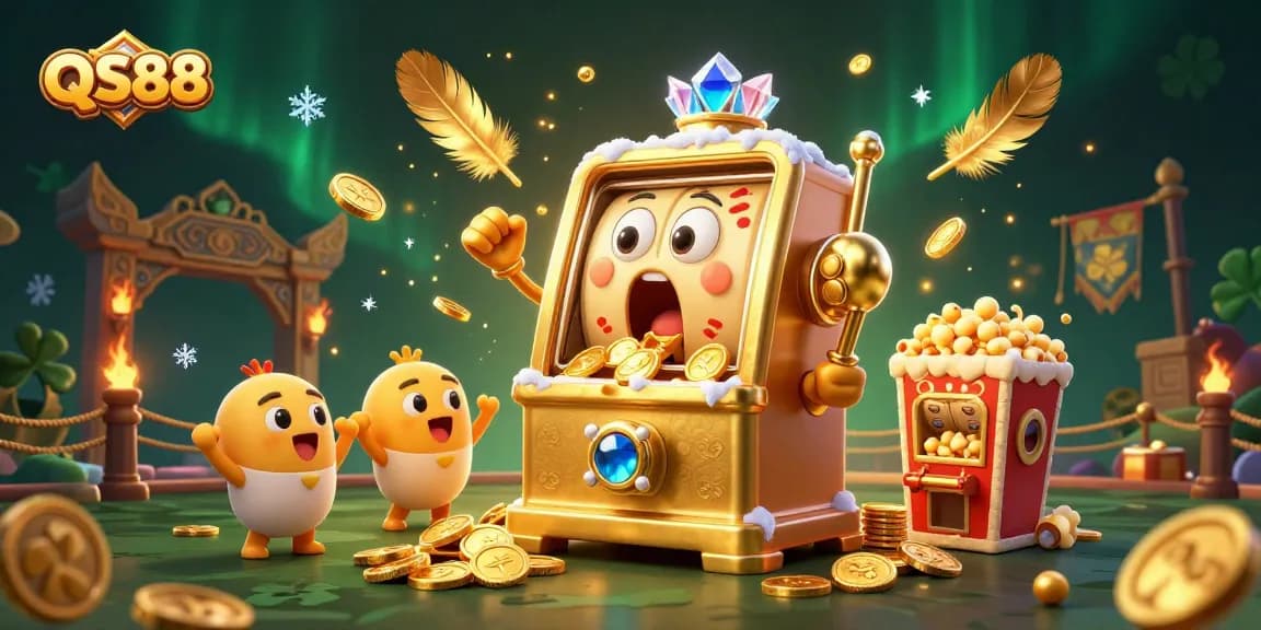 QS88 celebrates a jackpot win with a golden slot machine and cheering companions in a vibrant casino scene.