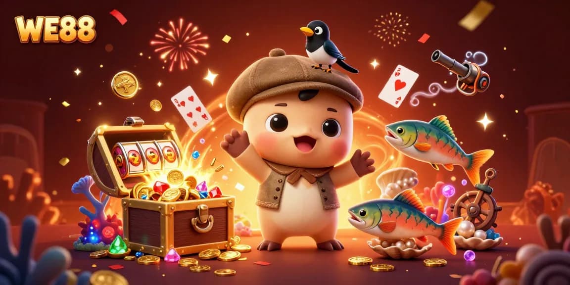 WE88 showcases vibrant excitement with a cartoon Nessie and gold-obsessed magpie amid casino elements.