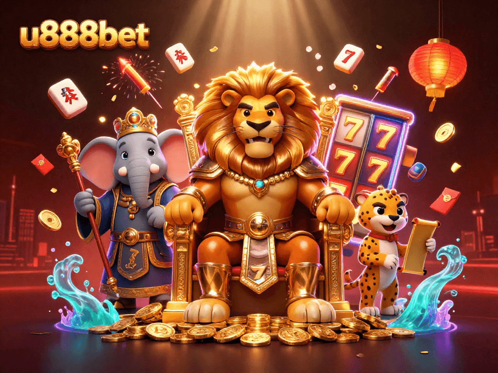 Experience thrilling slots action with u888bet's vibrant casino scene featuring a royal lion king.