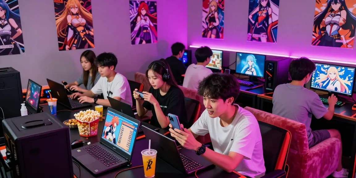 Group enjoying hentai games in a vibrant gaming lounge with LED lights and snacks.