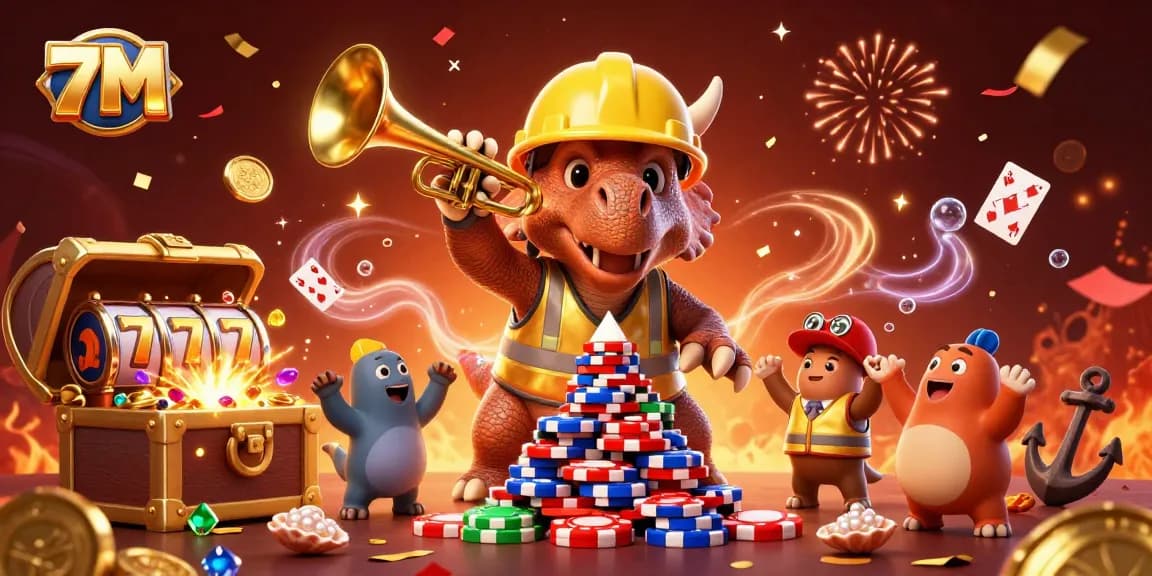 Engage in thrilling casino action with 7M as cartoon dinosaurs celebrate in a lively gaming scene.
