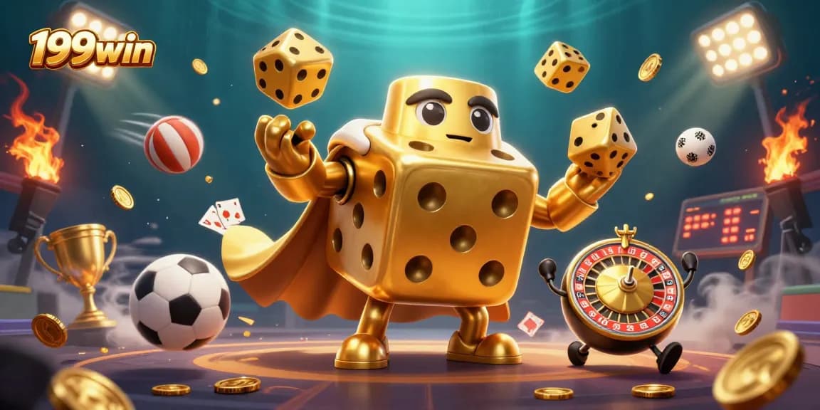 Experience winning excitement at 199win with golden dice, sports action, and vibrant casino elements.