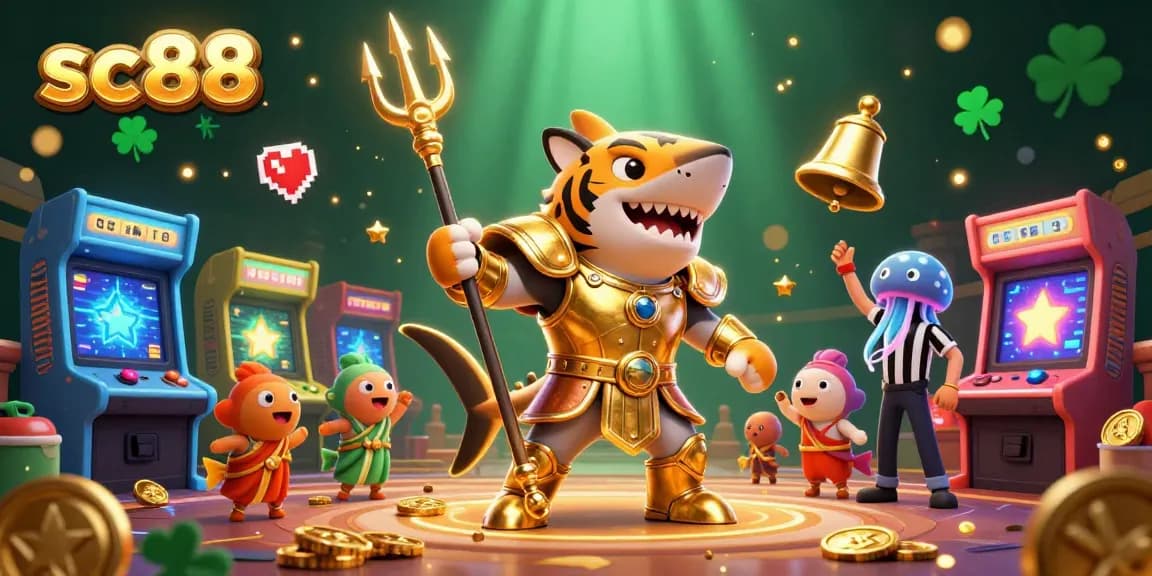 Engage with sc88's vibrant casino experience through an ultra-detailed 3D illustration of a gladiator shark.