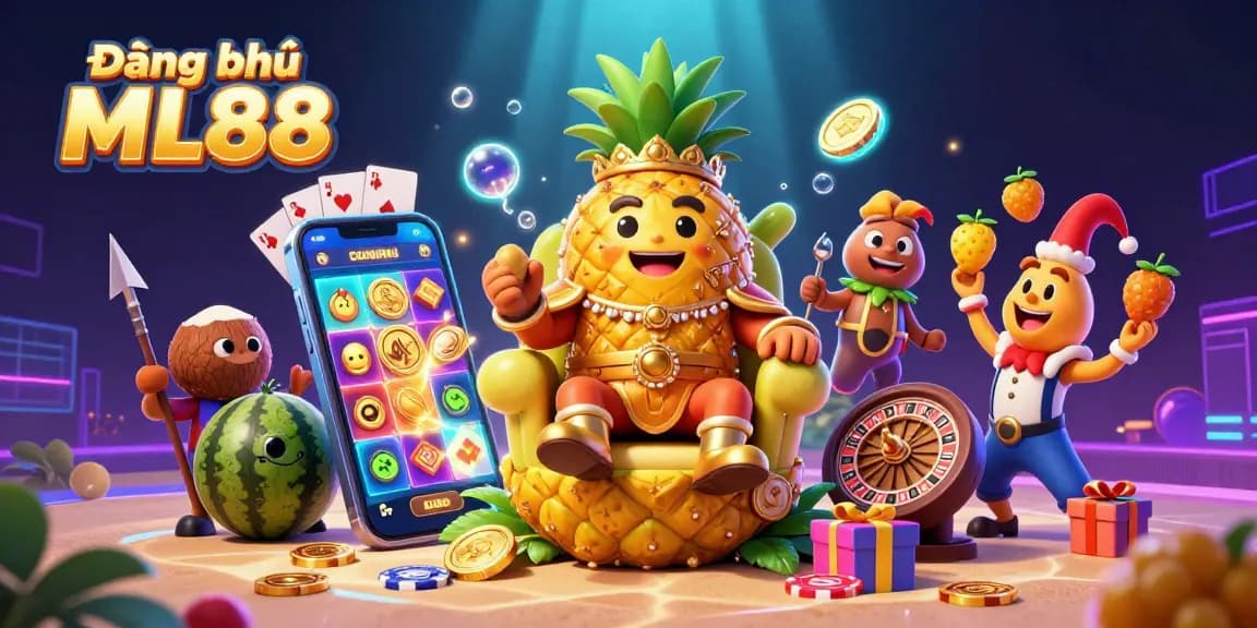 Join Đăng ký ML88 with vibrant gaming action featuring a golden pineapple king and exciting casino elements.