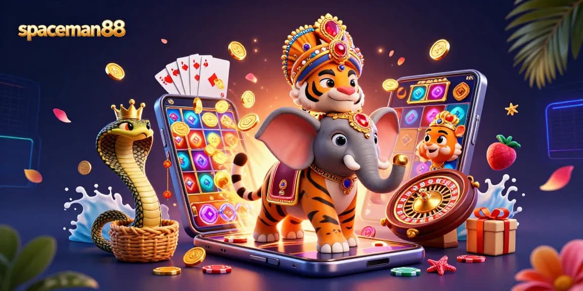 Experience the thrill of spaceman88 with vibrant casino elements in this engaging 3D illustration.