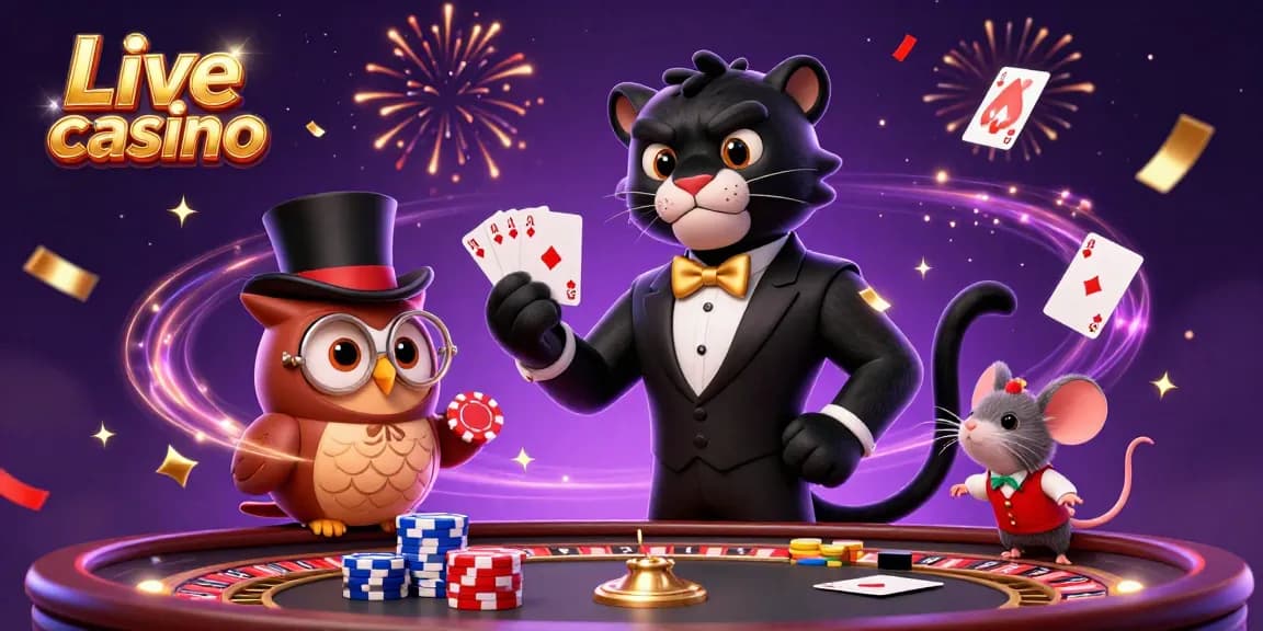 Engage in the Live casino experience with a stylish panther dealer, owl, and mouse amidst vibrant casino elements.