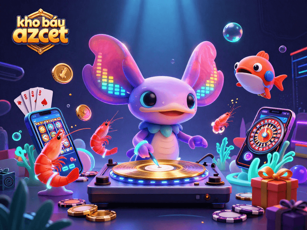 Experience the action with kho báu aztec as a vibrant axolotl DJ spins golden records amid glowing casino elements.