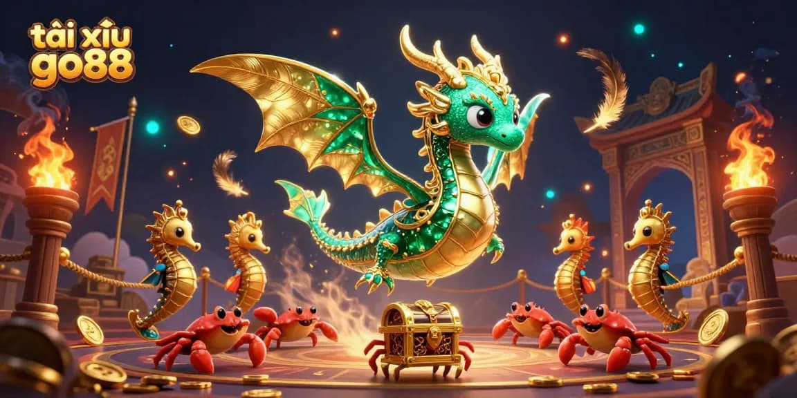 Tài xỉu go88 showcases an emerald sea dragon amidst a vibrant casino scene filled with betting tokens and treasures.