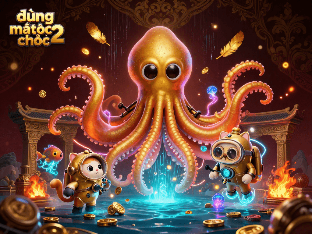 Engage with đường mạt chược 2 in a vibrant scene featuring a kraken, diving cat, and rich gold elements.