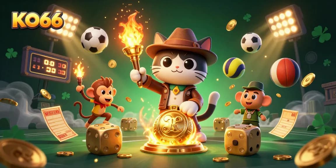 Experience thrilling gaming action at KO66 with a cat adventurer uncovering casino treasures alongside a monkey in a vibrant 3D illustration.