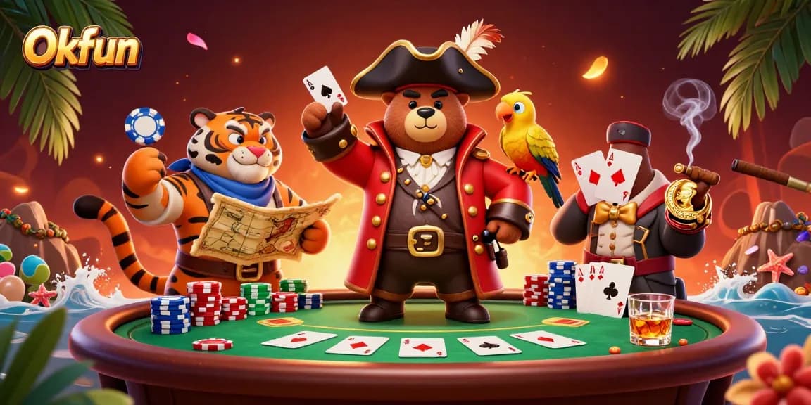 Experience Okfun excitement with a vibrant casino scene featuring a pirate bear and tiger amidst poker action.
