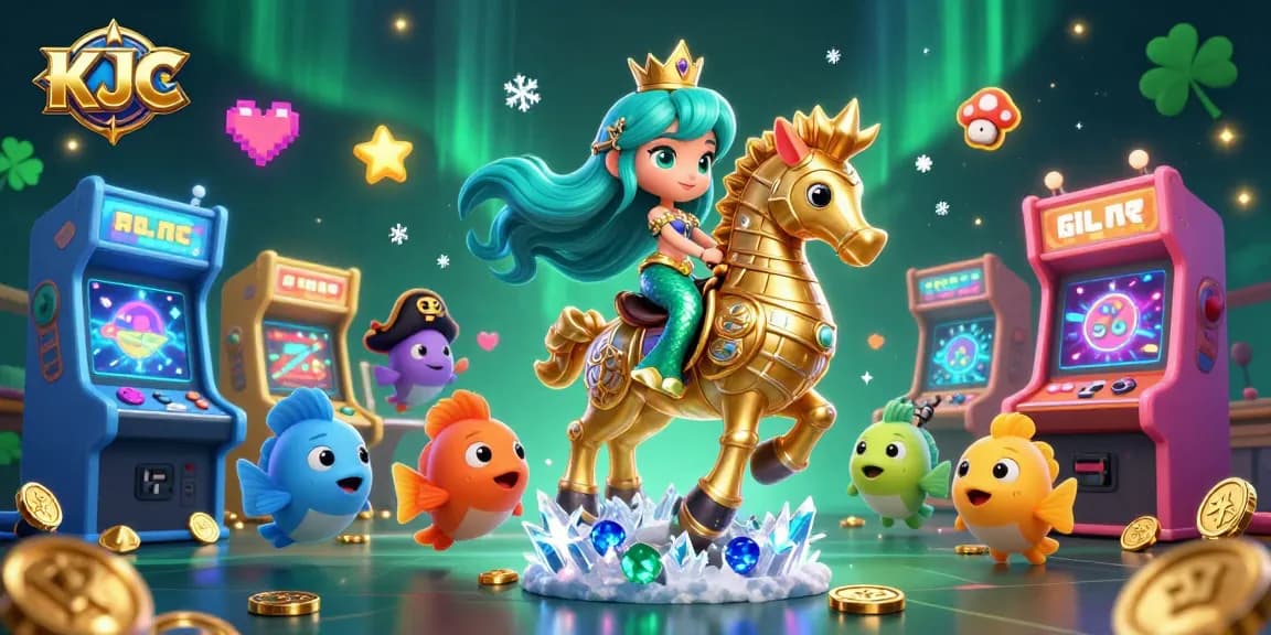 KJC showcases a vibrant 3D casino-themed scene featuring a mermaid princess amid colorful game elements and seahorse allies.