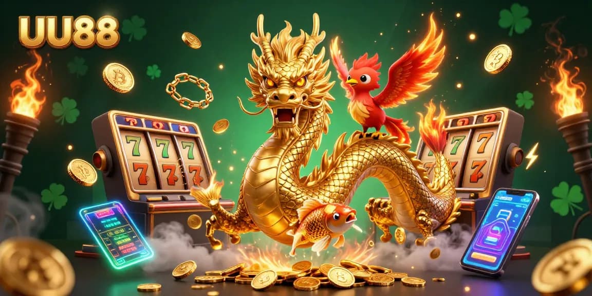 Experience the thrill of UU88 with vibrant 3D casino illustration featuring exciting game symbols.