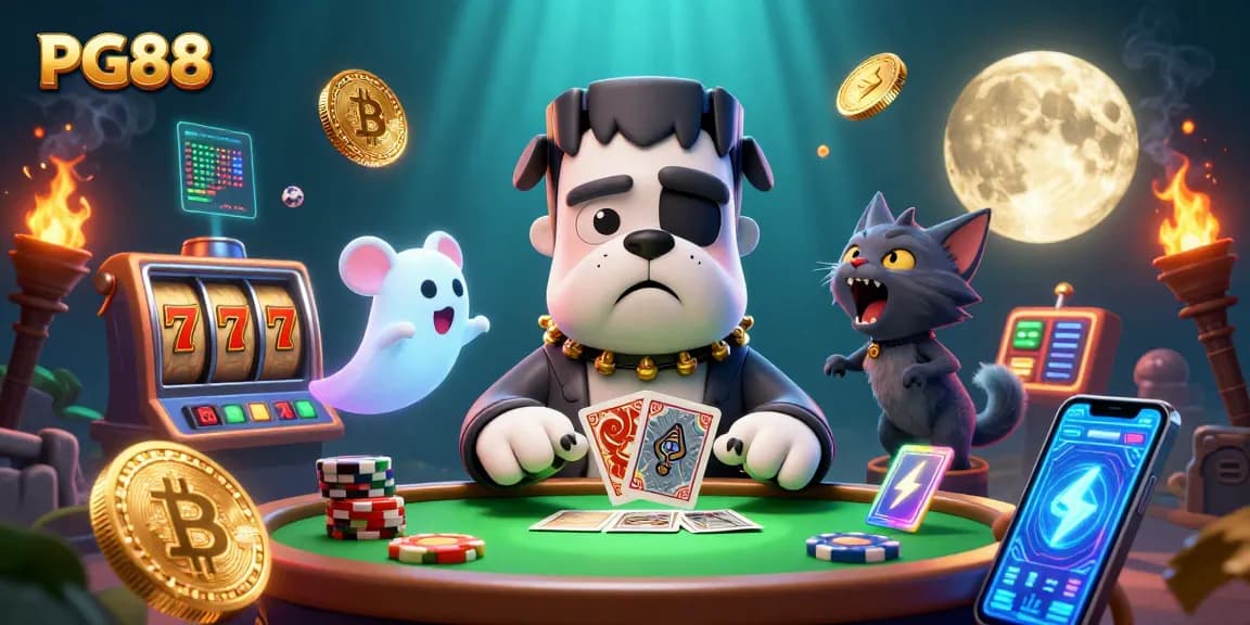 Experience PG88's thrilling card games as the Frankenstein bulldog dealer entertains with spooky style.