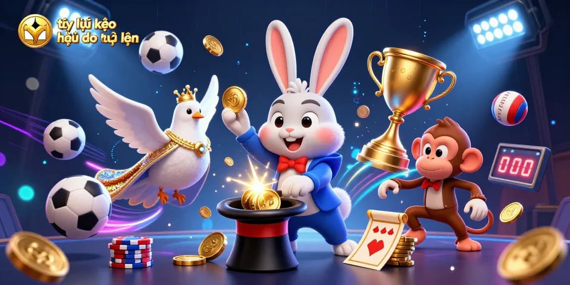 The dynamic scene captures tỷ lệ kèo nhà cái trực tuyến with a magician rabbit and a dove, surrounded by sports elements and golden coins.