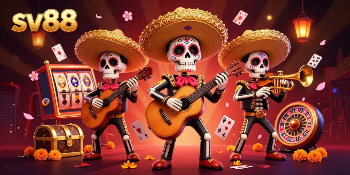 sv88 celebrates vibrant casino experiences featuring skeleton mariachi band amidst casino elements.