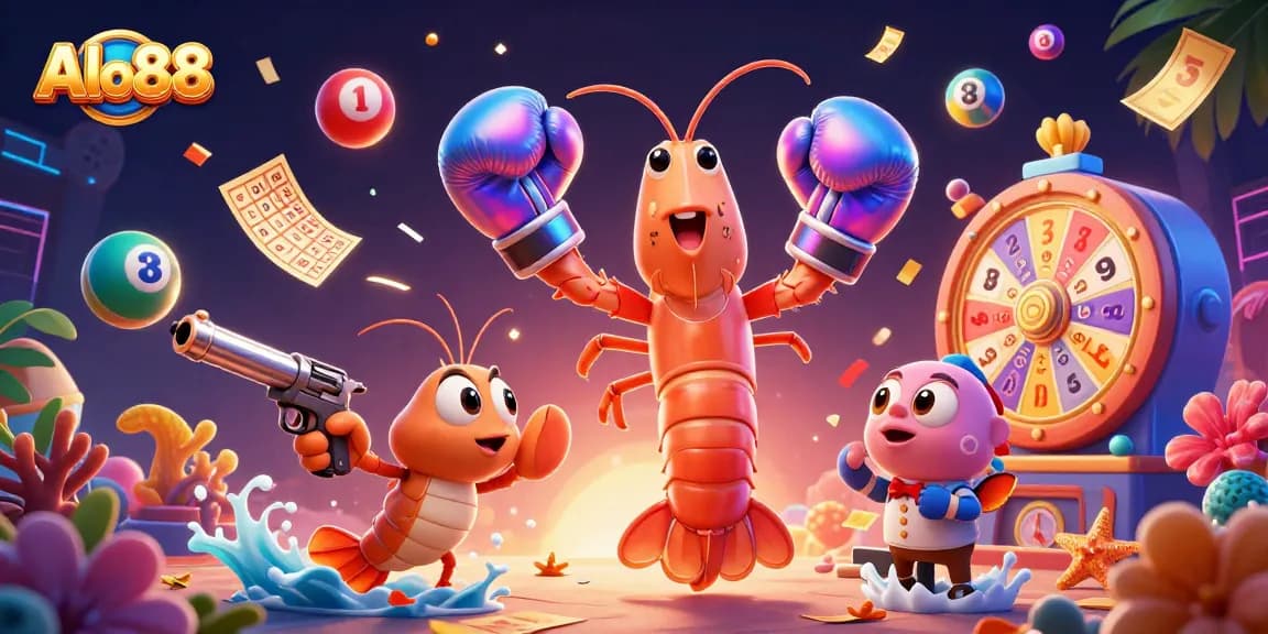 Alo88 showcases an exciting lottery experience with vibrant bubbles and colorful game elements surrounding animated characters.