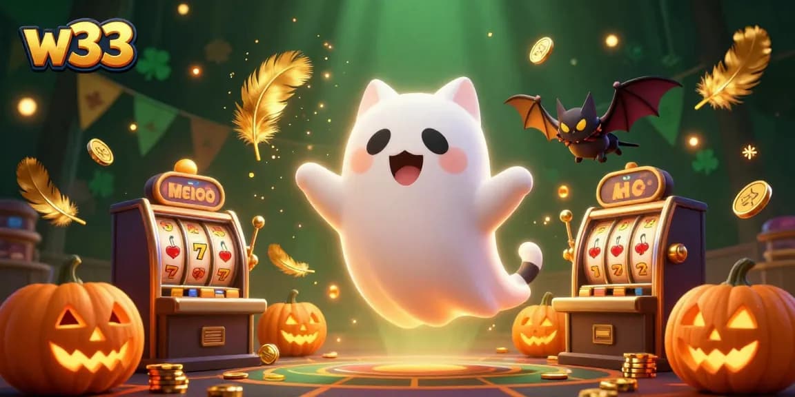 Experience the thrill of w33 gaming with a ghost cat and bat in a haunted casino scene.