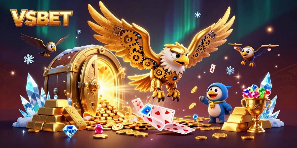 Win big with VSBET by enjoying this vibrant illustration of a cybernetic eagle amidst dazzling casino treasures