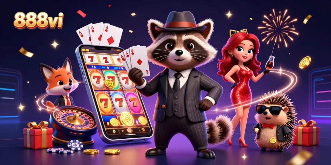 Experience the thrill of winning at 888vi with a 3D illustration of casino characters and games.