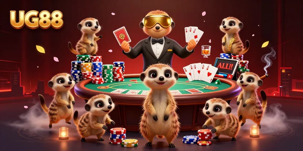 UG88 meerkats managing a vibrant casino atmosphere with poker games and colorful chips.
