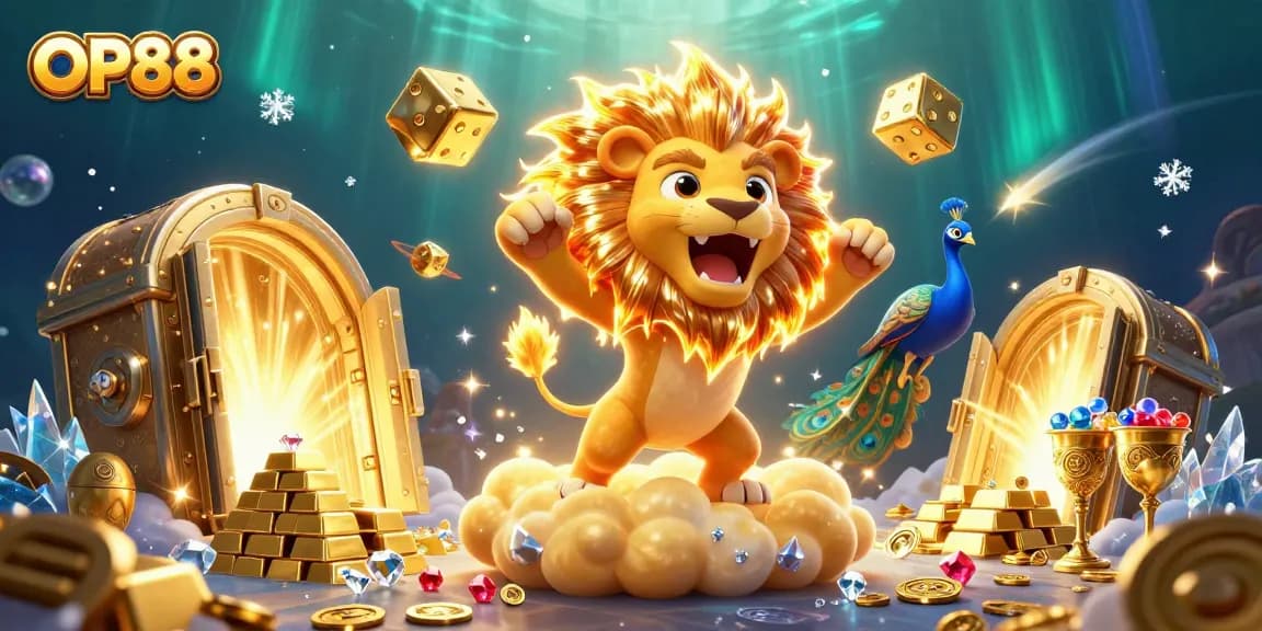 Play thrilling games at OP88, featuring vibrant golden treasures and a lively casino atmosphere.