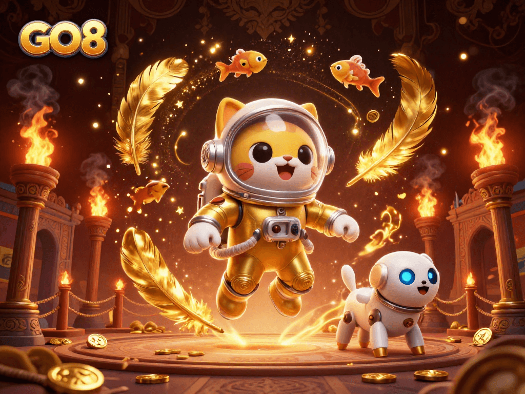 Join the GO8 action with a golden space astronaut cat and rocket dog in an explosive gaming scene.