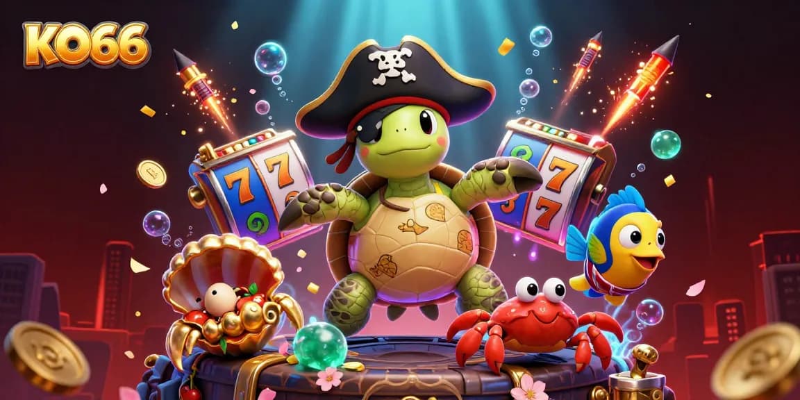 Engage with KO66's vibrant 3D casino scene showcasing pirate characters amidst dynamic slot reels and treasures.
