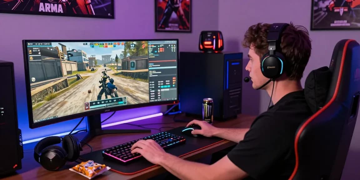 Player engaging with ArmA 3 Cheat at a modern gaming setup, highlighting tactical gameplay and immersive atmosphere.