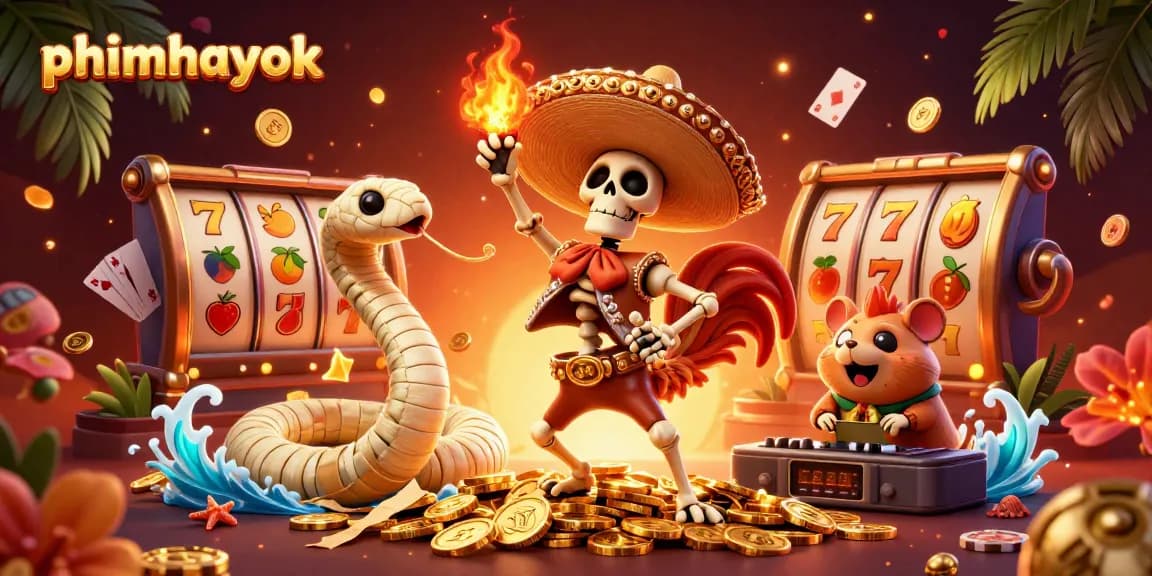 Engage with phimhayok's thrilling slots as a skeleton rooster celebrates jackpot wins amidst vibrant casino elements.