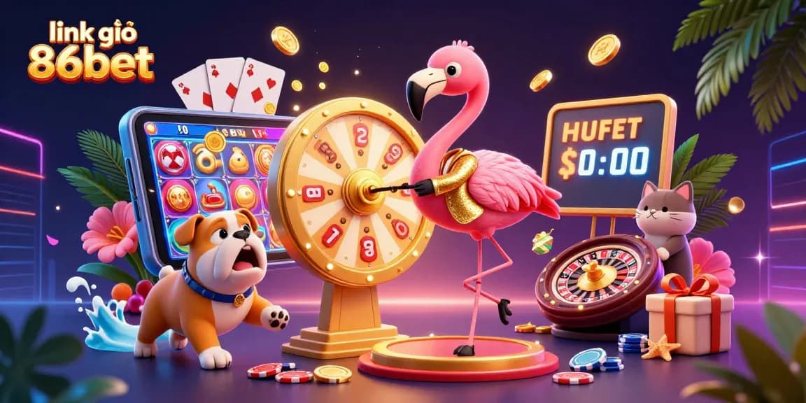 Spin the golden prize wheel at link vào 86bet with exciting casino characters and vibrant gaming elements.