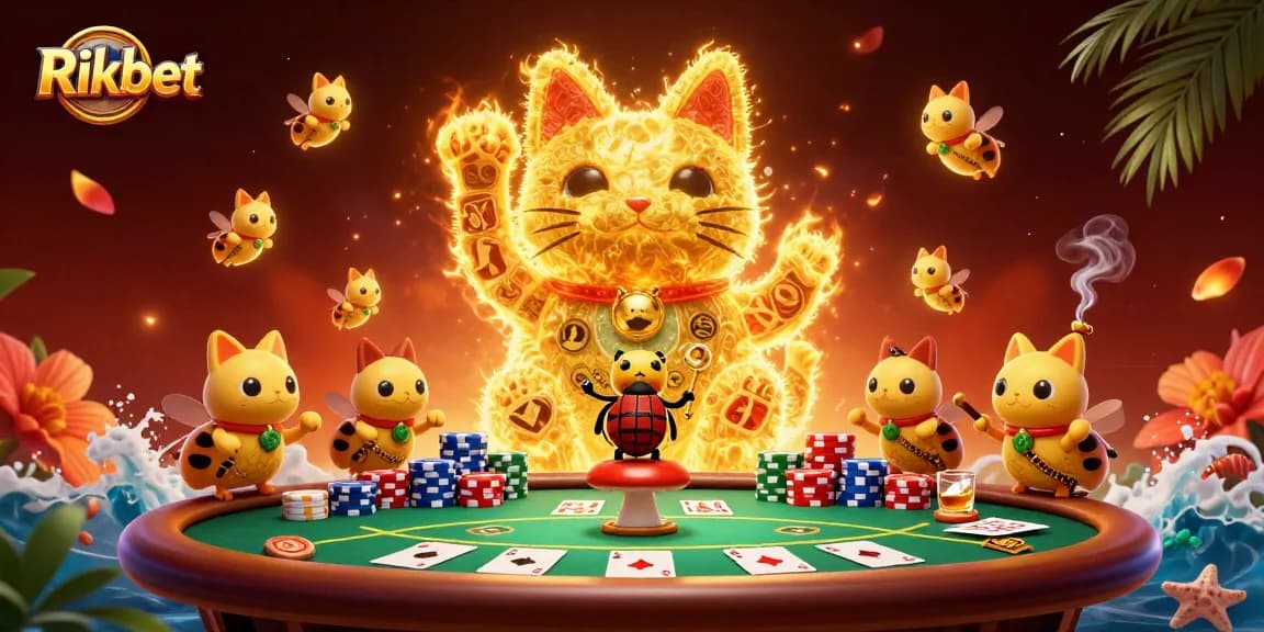 Rikbet's vibrant illustration showcasing a lucky cat and engaging poker scene for online gamers.