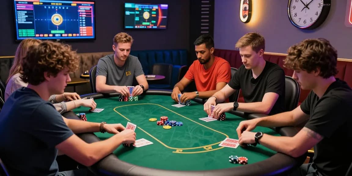 Situs Poker Online Resmi Domino88 multiplayer poker game scene with players engaged at a virtual table and vibrant setting.