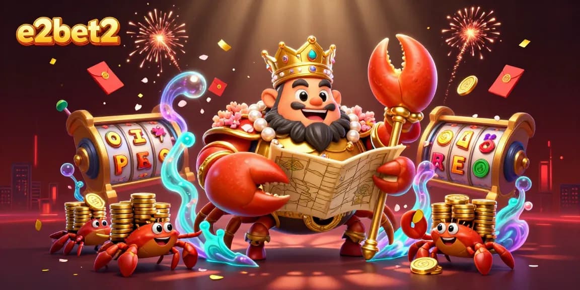 E2bet2's vibrant slot gaming scene with a golden crab emperor and dynamic elements promoting online excitement.